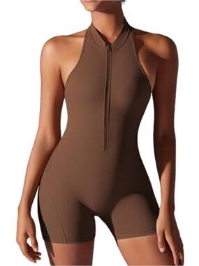 Women's Backless Front Zipper Yoga Bodysuit Jumpsuit Quick Dry Stretch